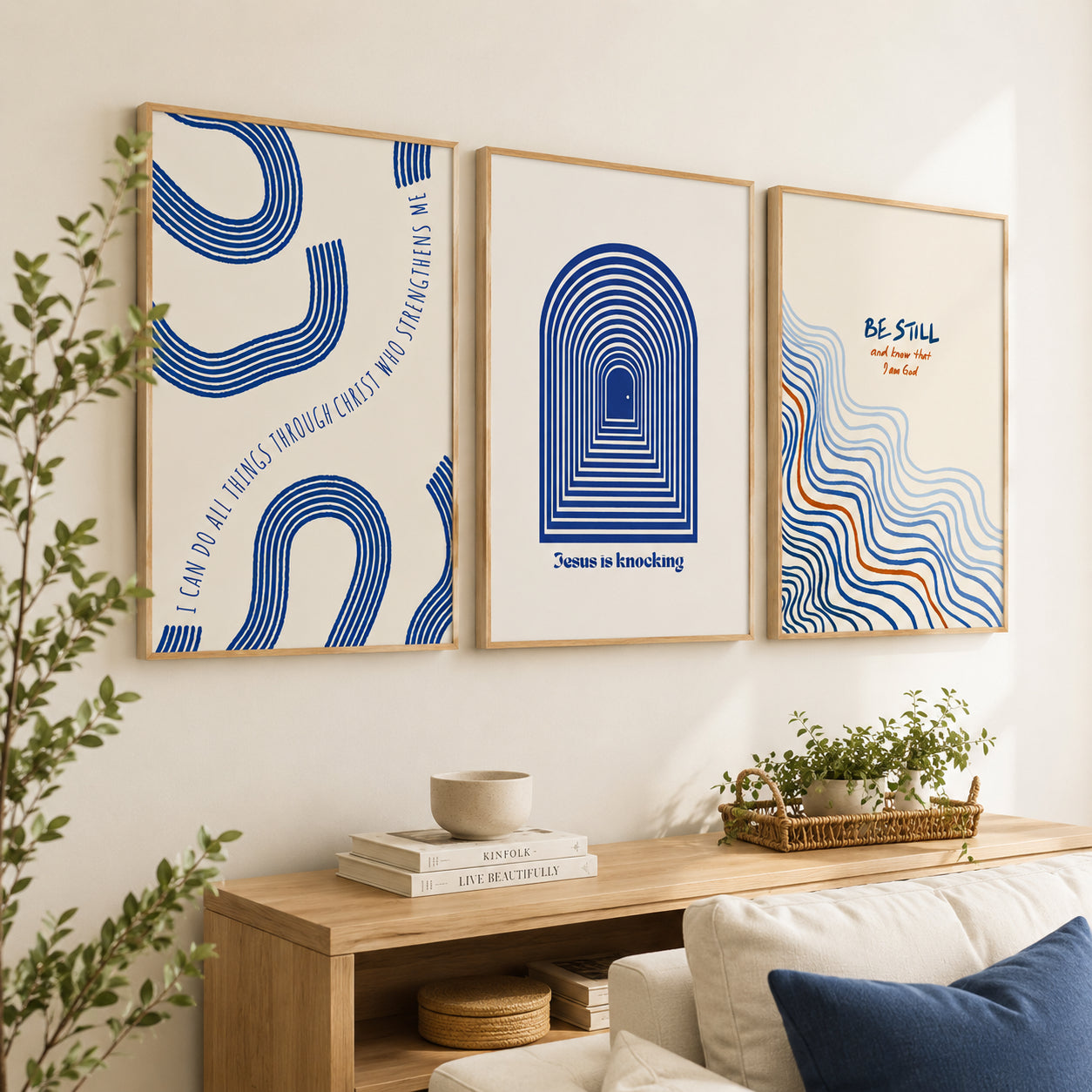 Set of 3 Philippians 4:13 and Be Still Bible Verse Posters, Christian Wall Art, Jesus Is Knocking Prints, Blue Modern Faith Home Decor PTSET10