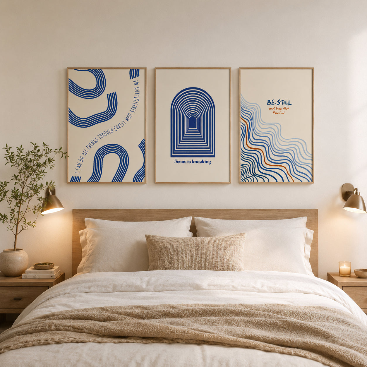 Set of 3 Philippians 4:13 and Be Still Bible Verse Posters, Christian Wall Art, Jesus Is Knocking Prints, Blue Modern Faith Home Decor PTSET10