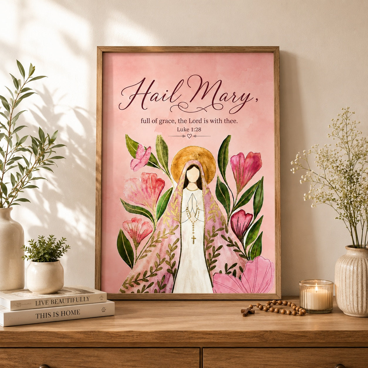 Pink Hail Mary Poster, Virgin Mary Floral Print, Catholic Family, Christian Religious Artwork for Prayer Room and Living Room PTSETA15