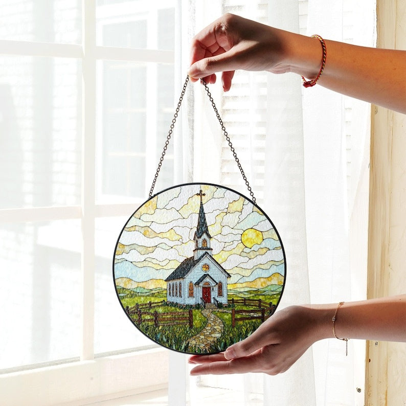 Country Church Stained Glass Suncatcher – Christian Chapel Window Hanging, Rustic Religious Faith Home Decor Gift GLASS16