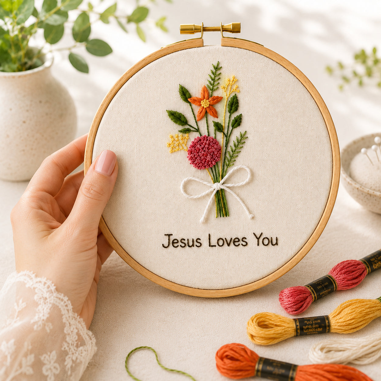 Jesus Loves You Floral Embroidery Hoop Art, Christian Bible Flower Embroidery Hoop Art, Wall Decor, Hand Embroidered Flower Wreath, Wheatear Embroidery Hoop EH06