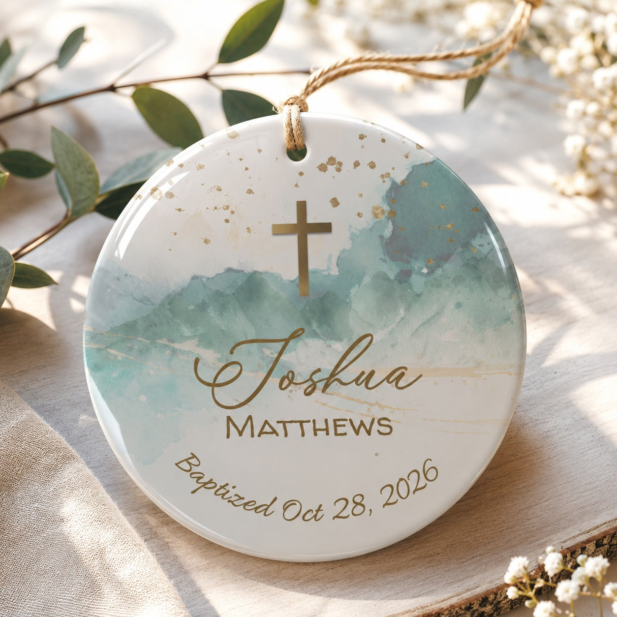 Personalized Baptism Ceramic Ornament, Custom Cross Christening Keepsake, Watercolor Blue Christian Ornament, Name and Date Baby Baptism Gift CRMO16