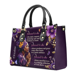 Personalized Christian Leather Handbag, Blessed Is She Custom Name Purse, Faith Prayer Bible Verse Tote for Women BLAF29
