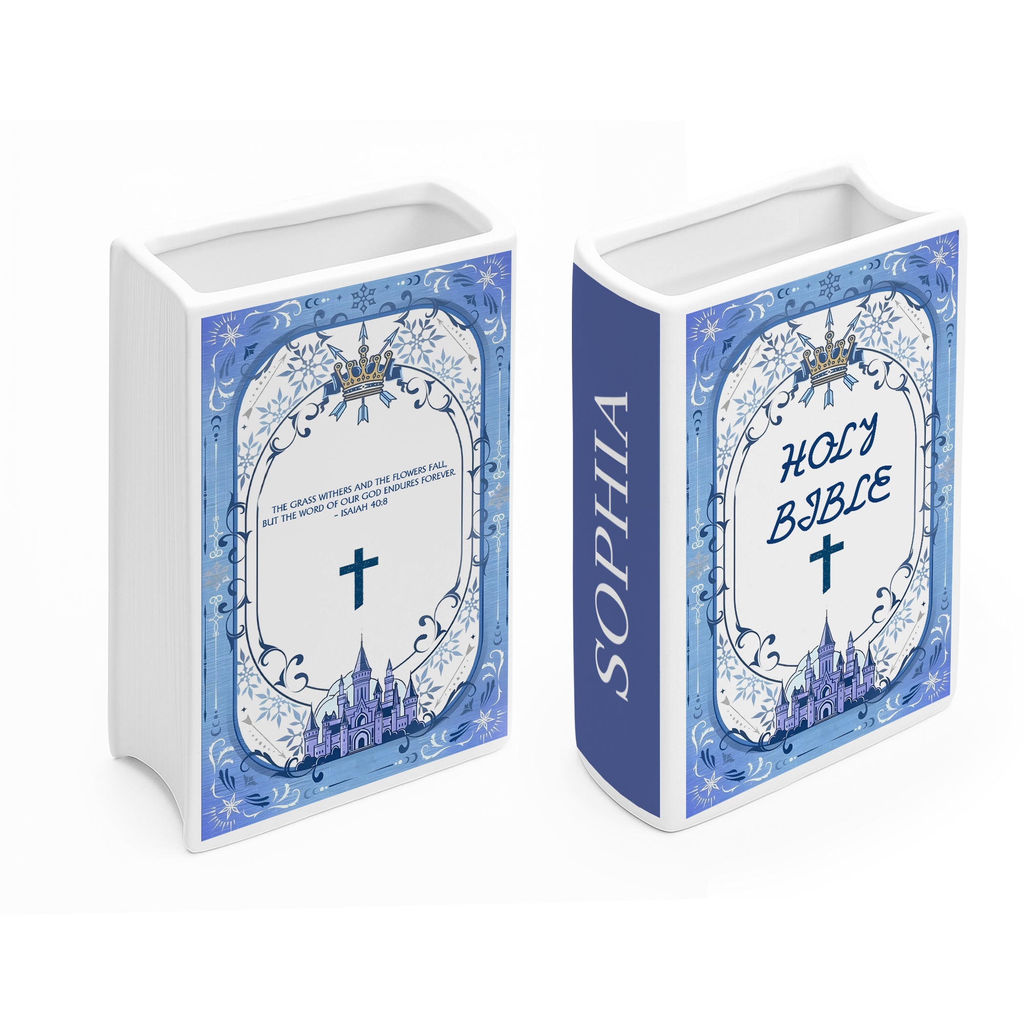 Personalized Holy Bible Book Vase, Blue Ceramic Book with Cross & Scripture, Personalized Christian Gift, Chistmas Gift CBLAF17
