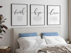 Faith Hope Love Bible Verse Wall Art Set of 3 Prints, Scripture Quote Hebrews 11, Jeremiah 29, John 3 16, Living Room Christian Decor