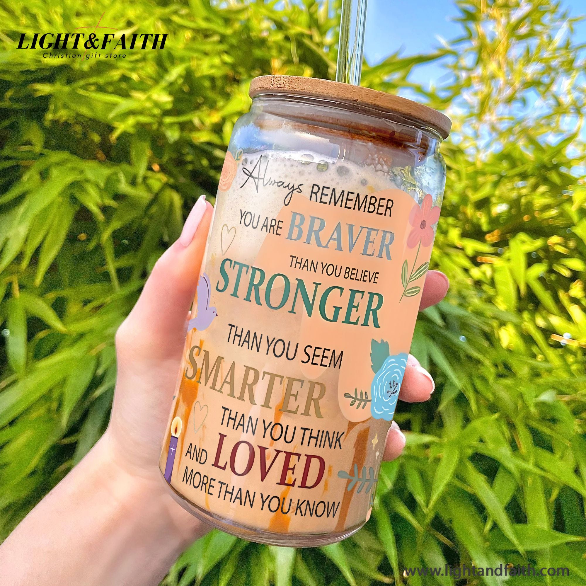 Inspirational Glass Can with Bamboo Lid and Straw, Braver Stronger Smarter Loved Quote Cup, Motivational Iced Coffee Tumbler Gift GCLAF43