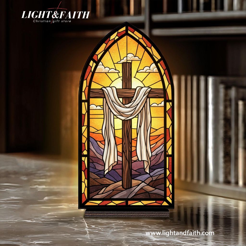 Christian Cross Resurrection Book Nook Decor, Stained Glass Window Style LED Light, Empty Cross Religious Home Decor, Easter Faith Gift for Believers BNLAF17