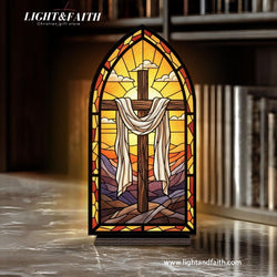 Christian Cross Resurrection Book Nook Decor, Stained Glass Window Style LED Light, Empty Cross Religious Home Decor, Easter Faith Gift for Believers BNLAF17