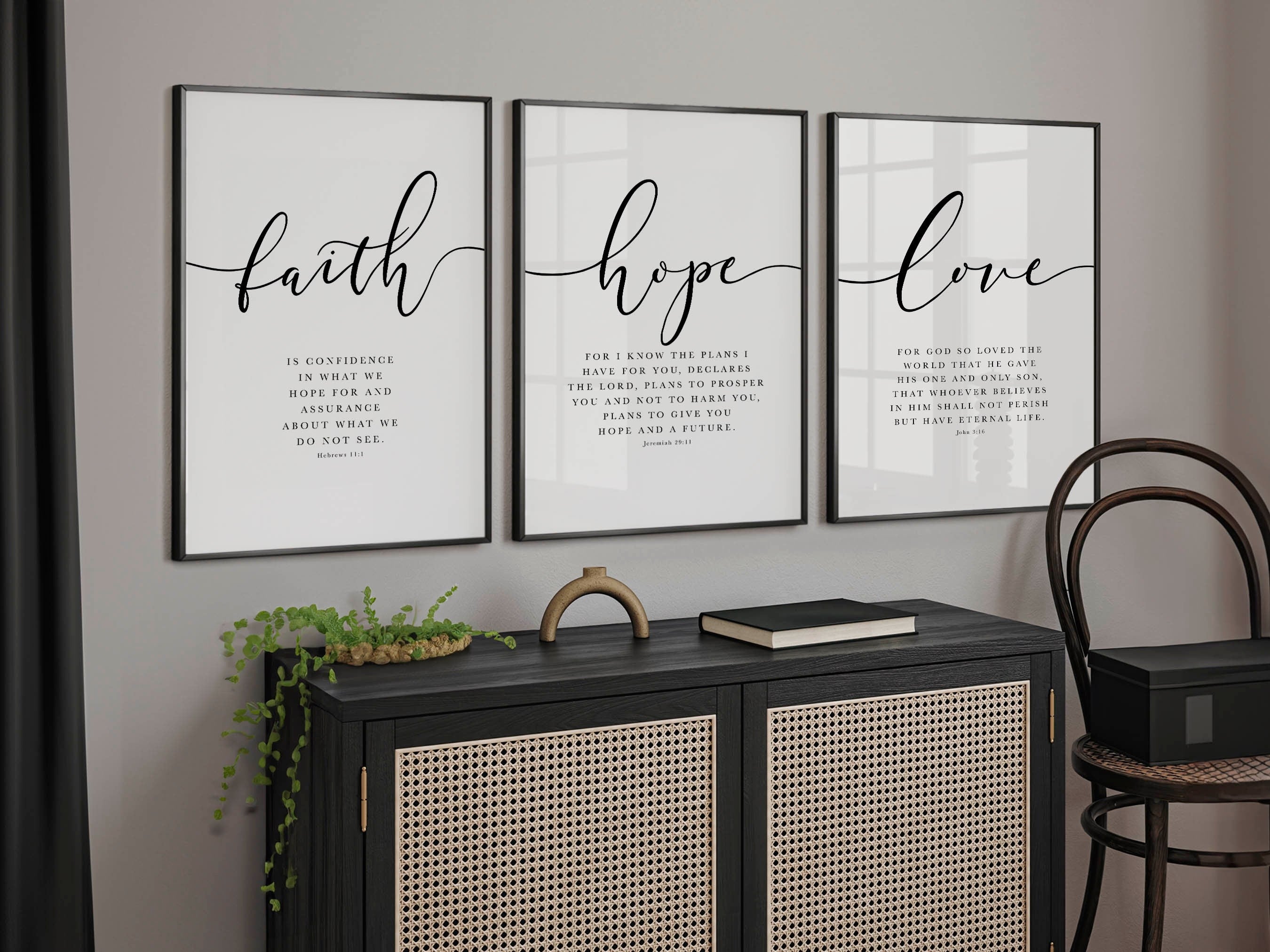Faith Hope Love Bible Verse Wall Art Set of 3 Prints, Scripture Quote Hebrews 11, Jeremiah 29, John 3 16, Living Room Christian Decor