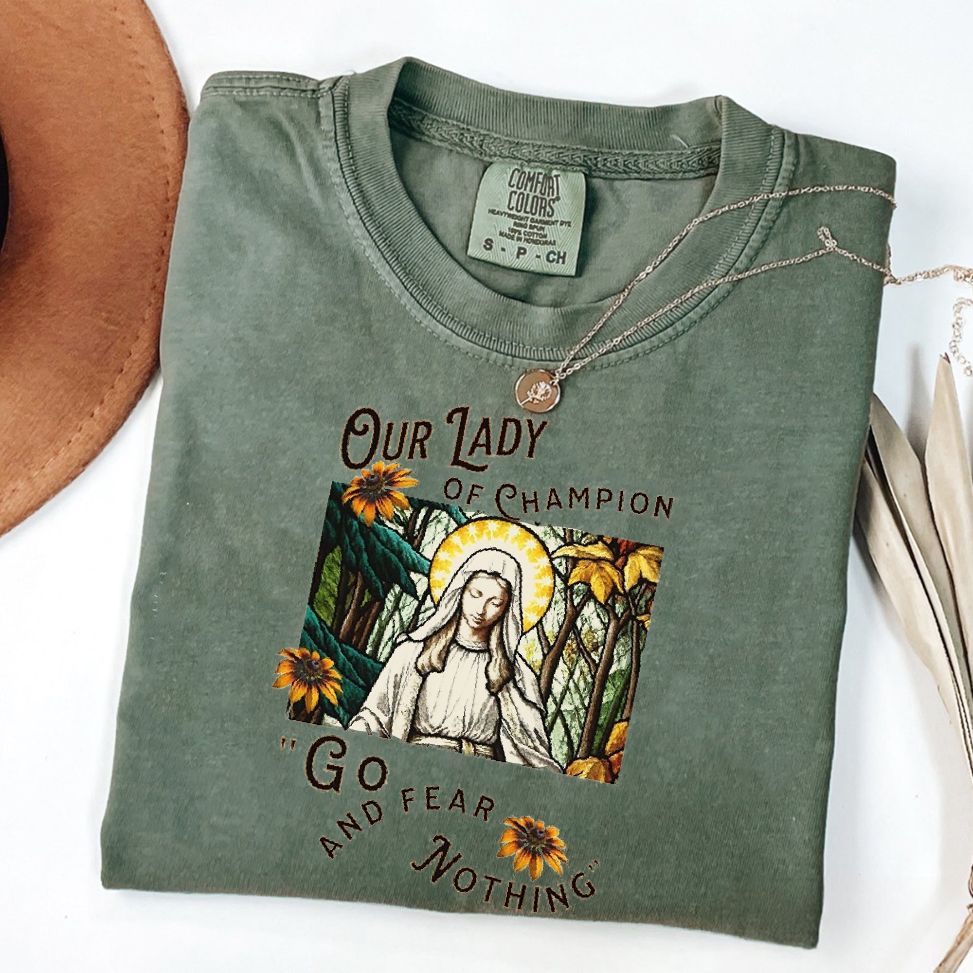 Comfort Colors Christian T-shirt - Our Lady of Champion 'Go Fear Nothing' - Religious Tee for Faith and Strength,  Inspirational Mother's Day T-Shirt, Religious Motivational Gift for Mom, Faith-Based Shirt