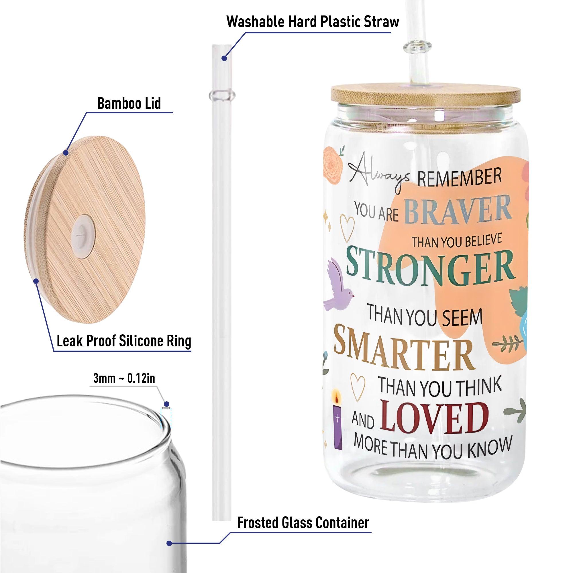 Inspirational Glass Can with Bamboo Lid and Straw, Braver Stronger Smarter Loved Quote Cup, Motivational Iced Coffee Tumbler Gift GCLAF43