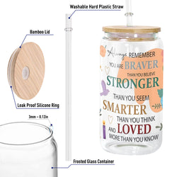 Inspirational Glass Can with Bamboo Lid and Straw, Braver Stronger Smarter Loved Quote Cup, Motivational Iced Coffee Tumbler Gift GCLAF43