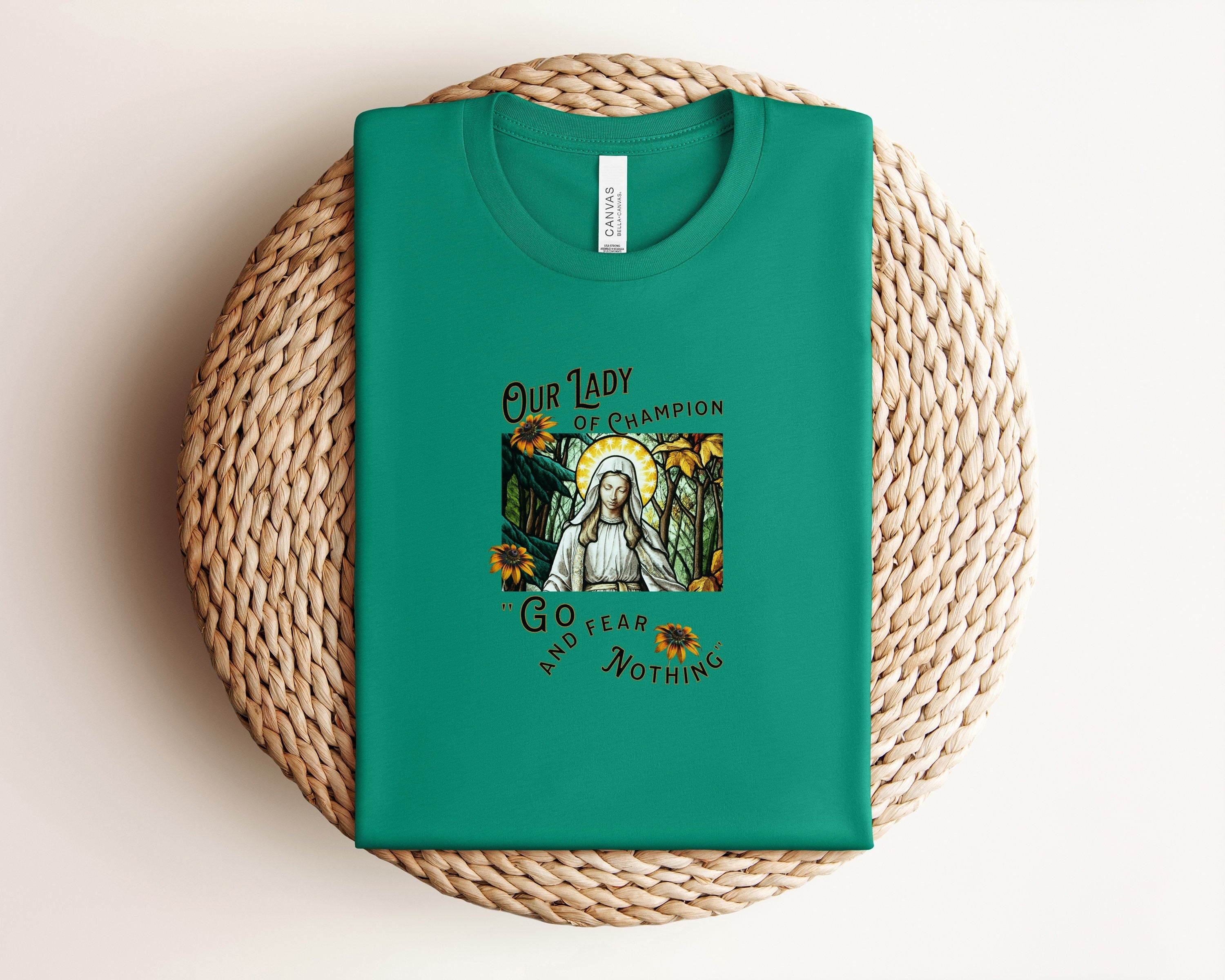 Comfort Colors Christian T-shirt - Our Lady of Champion 'Go Fear Nothing' - Religious Tee for Faith and Strength,  Inspirational Mother's Day T-Shirt, Religious Motivational Gift for Mom, Faith-Based Shirt