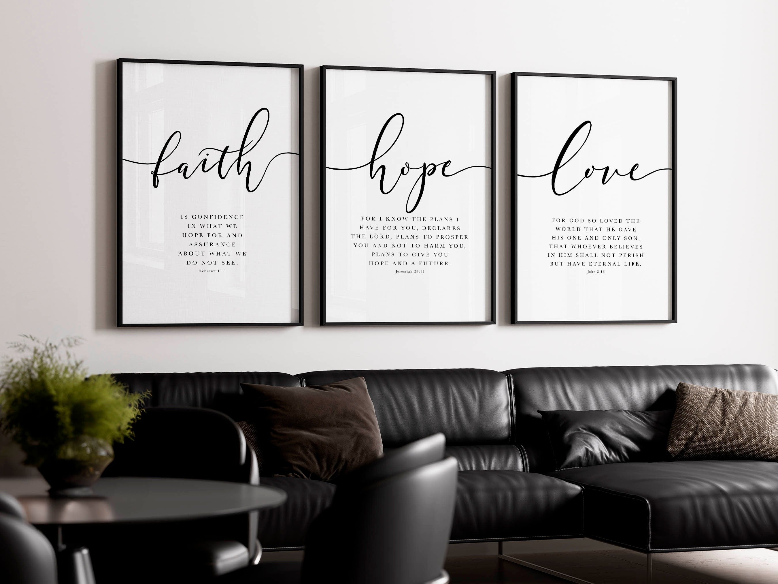 Faith Hope Love Bible Verse Wall Art Set of 3 Prints, Scripture Quote Hebrews 11, Jeremiah 29, John 3 16, Living Room Christian Decor