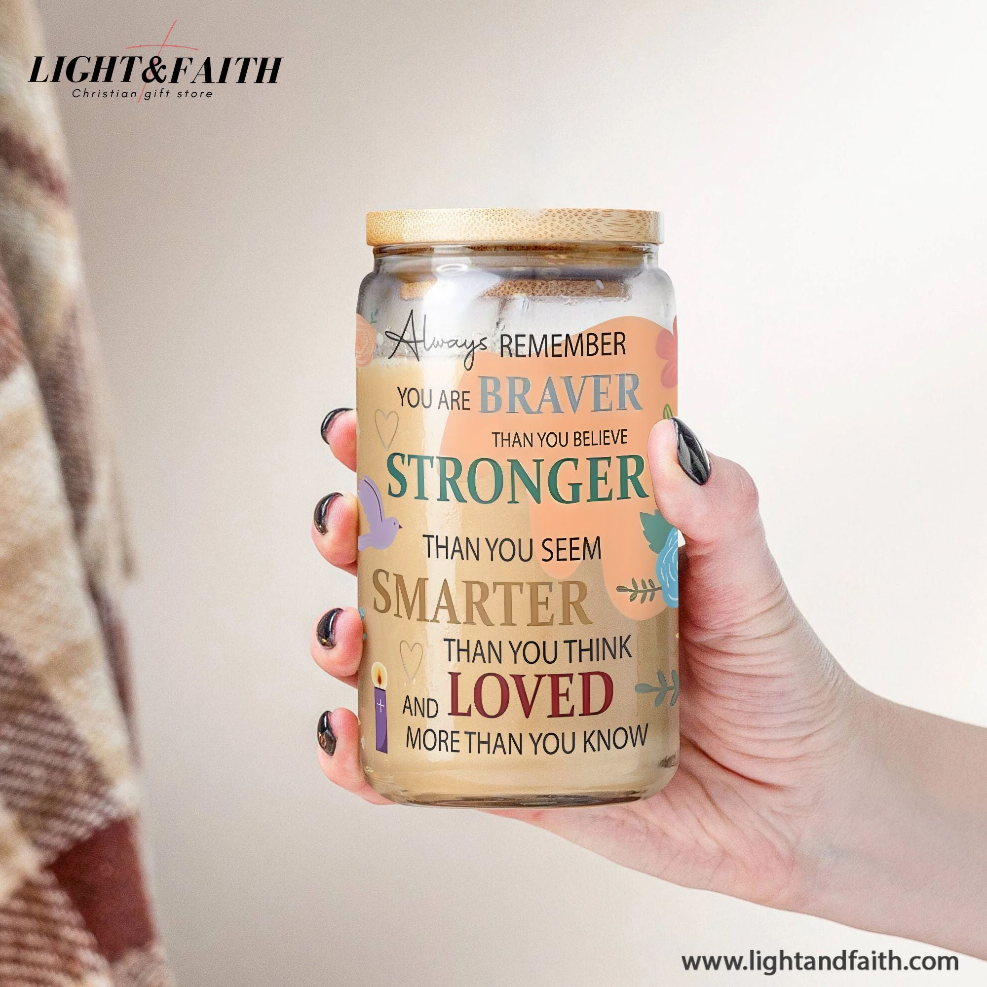 Inspirational Glass Can with Bamboo Lid and Straw, Braver Stronger Smarter Loved Quote Cup, Motivational Iced Coffee Tumbler Gift GCLAF43
