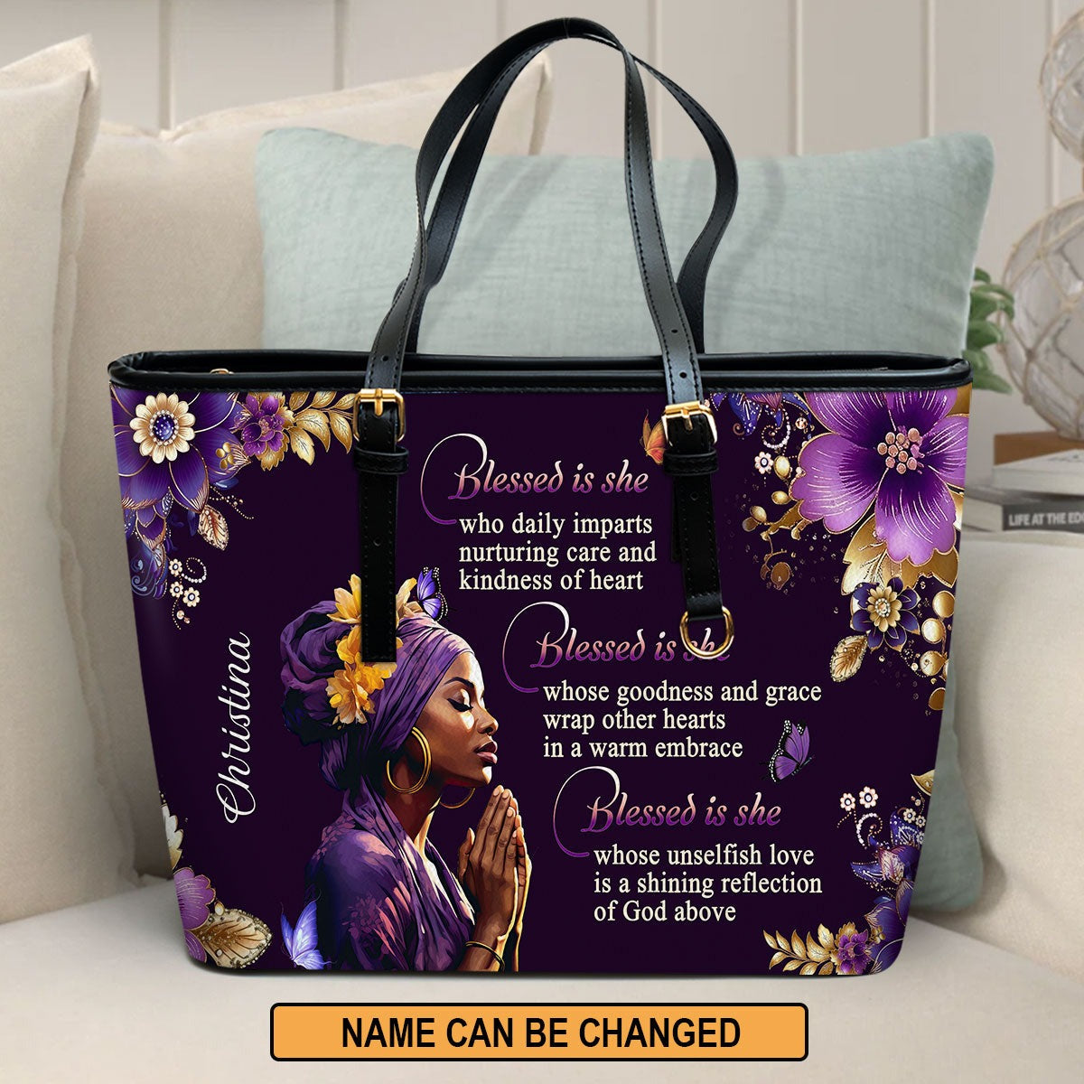 Personalized Christian Leather Handbag, Blessed Is She Custom Name Purse, Faith Prayer Bible Verse Tote for Women BLAF29