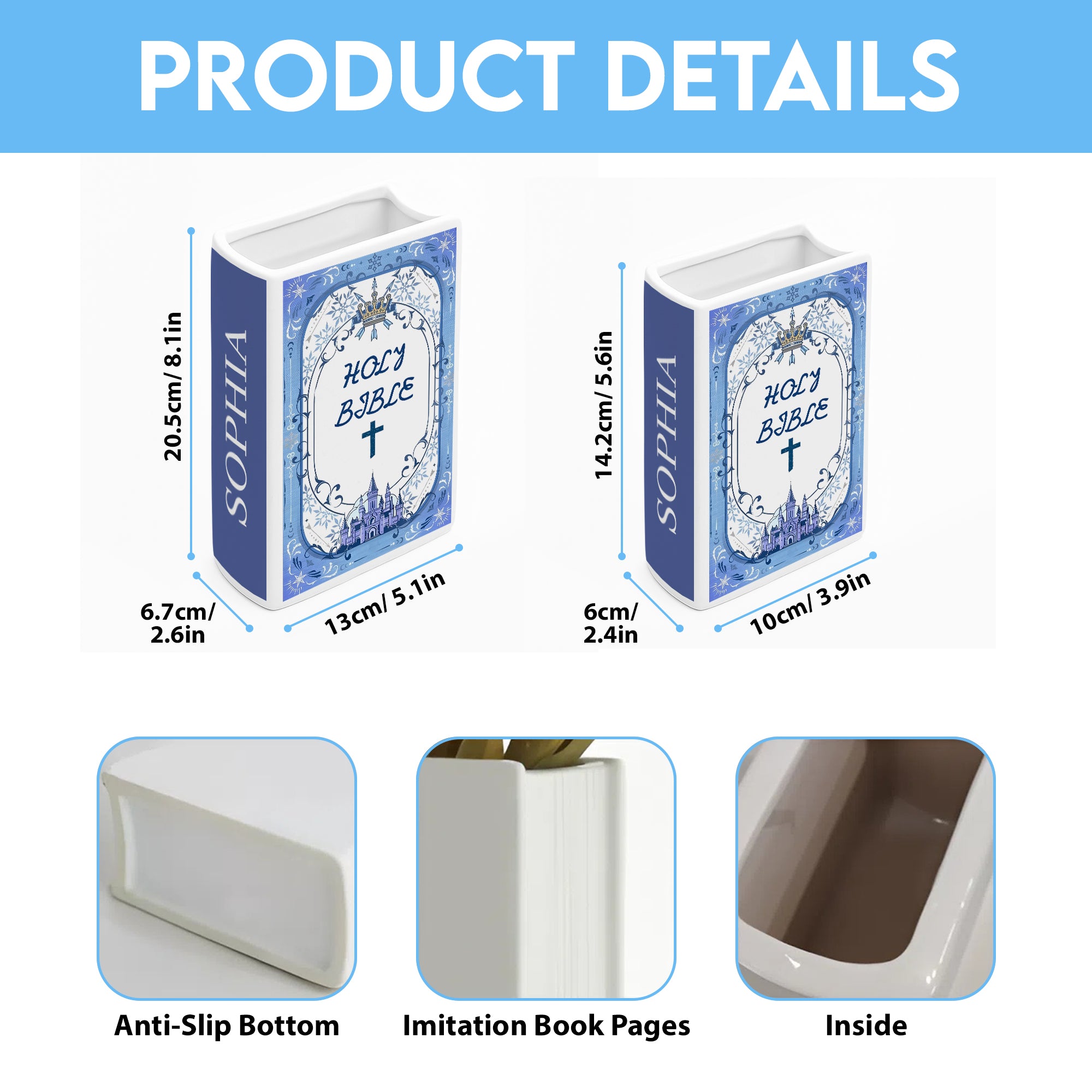 Personalized Holy Bible Book Vase, Blue Ceramic Book with Cross & Scripture, Personalized Christian Gift, Chistmas Gift CBLAF17