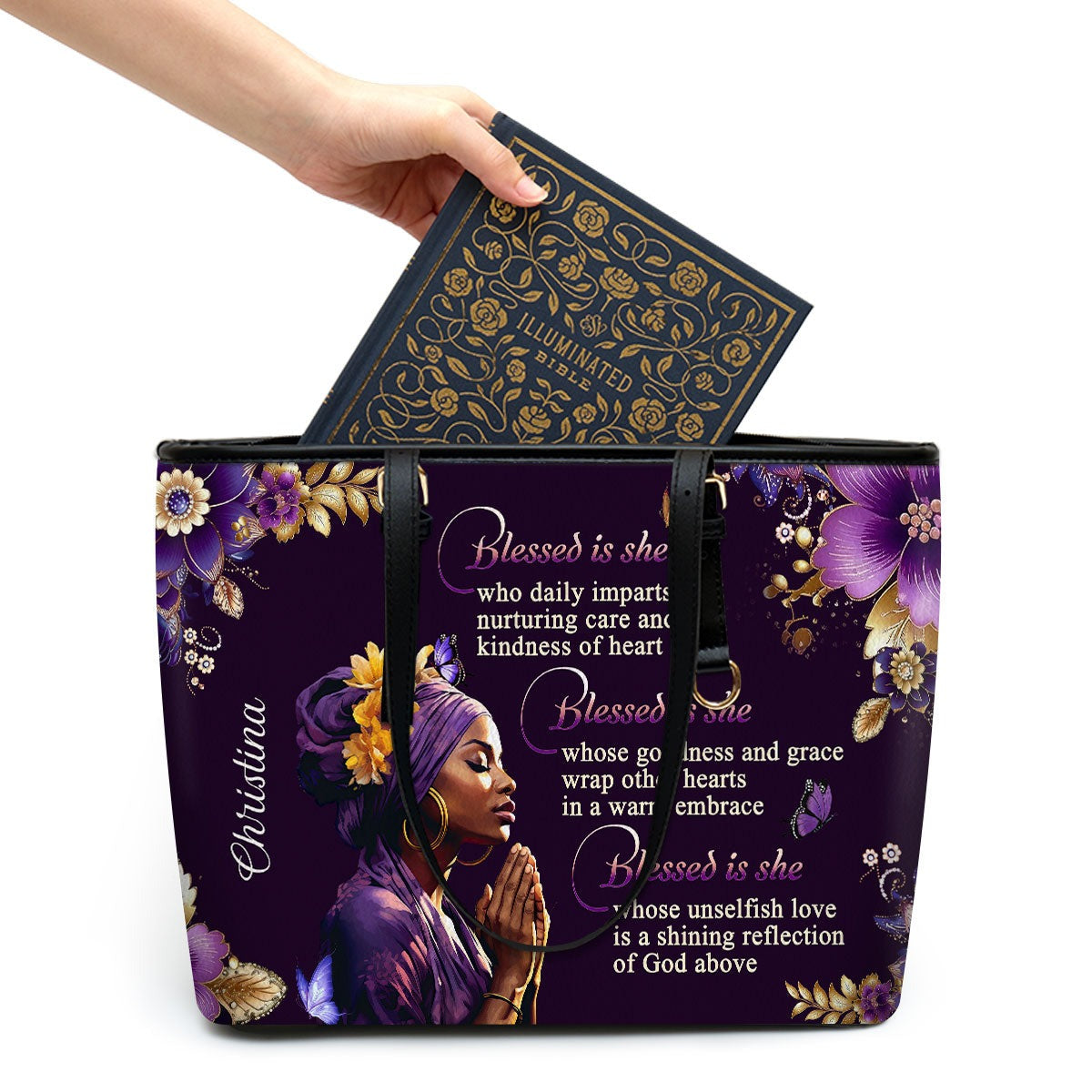 Personalized Christian Leather Handbag, Blessed Is She Custom Name Purse, Faith Prayer Bible Verse Tote for Women BLAF29