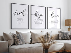 Faith Hope Love Bible Verse Wall Art Set of 3 Prints, Scripture Quote Hebrews 11, Jeremiah 29, John 3 16, Living Room Christian Decor