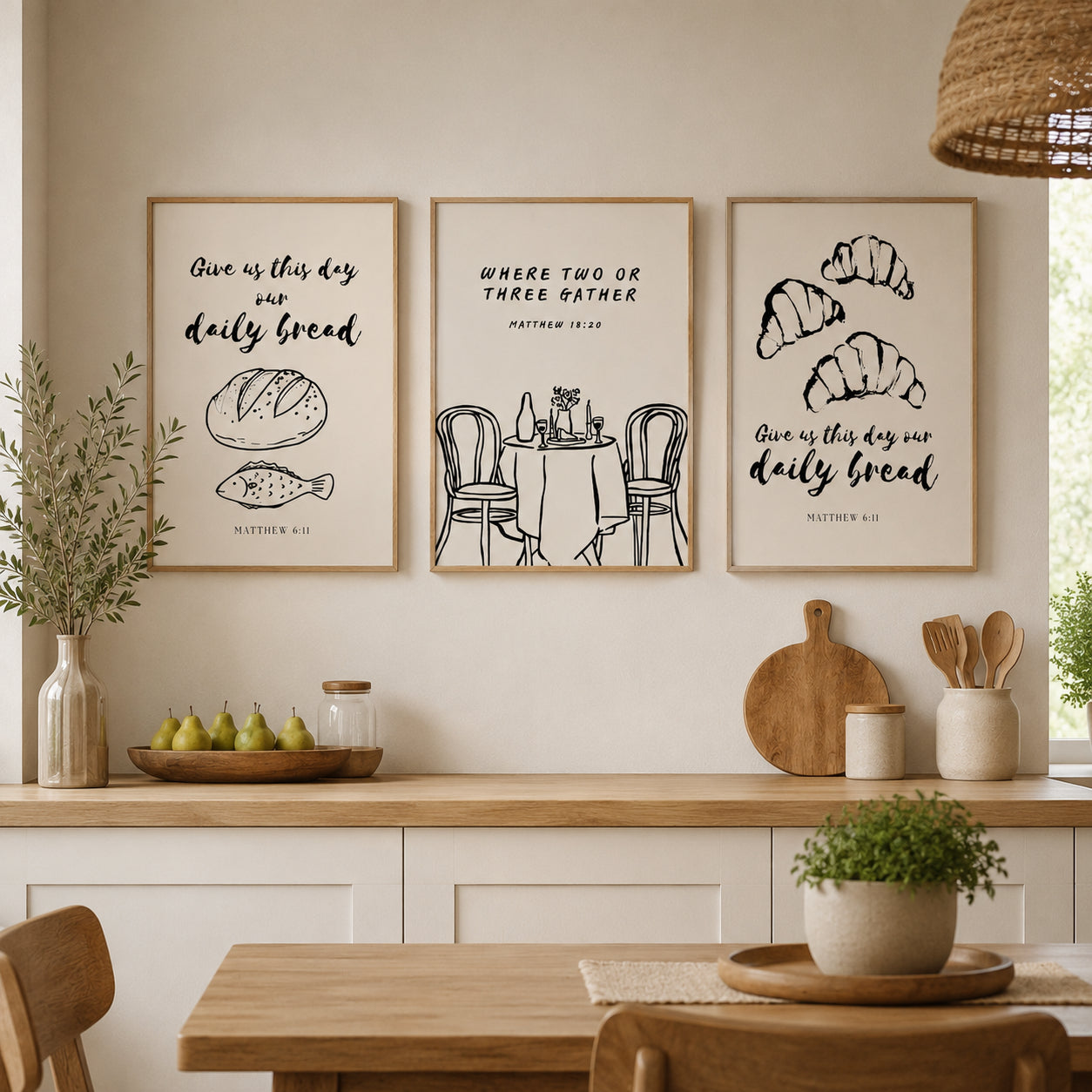 Set of 3 Christian Kitchen Wall Art Poster , Give Us This Day Our Daily Bread Posters, Matthew 6:11 and 18:20 Bible Verse Dining Room Decor, Kitchen Hanging Decor PTSET11