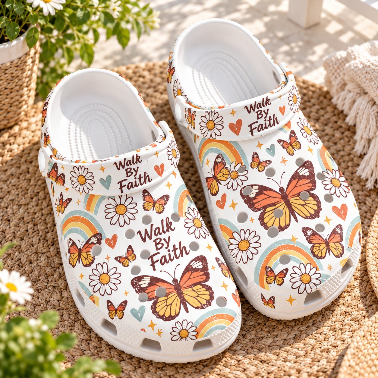 Walk By Faith Butterfly Clog Shoes, Christian Rainbow Floral Slip On Clogs, Christian Gift, Kid Adult Comfort Clogs Shoes CLOGS40