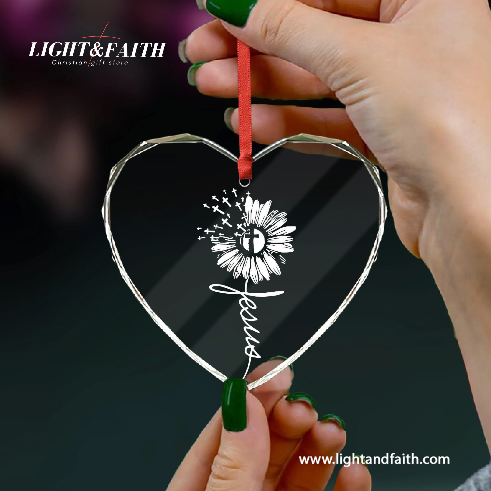 Jesus Sunflower Heart Ornament, Christian Faith Ornament, Religious Glass Decoration, Inspirational Gift for Her, Minimal Cross Christmas Decor DCLAF65