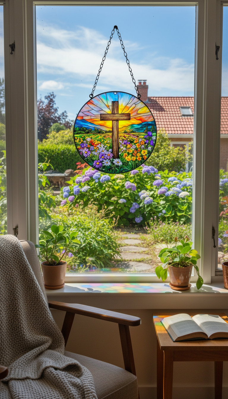 Cross Stained Glass Suncatcher, Christian Window Hanging, Floral Cross Sun Catcher, Religious Home Decor, Faith Gift, Easter Window Decor SCLAF26