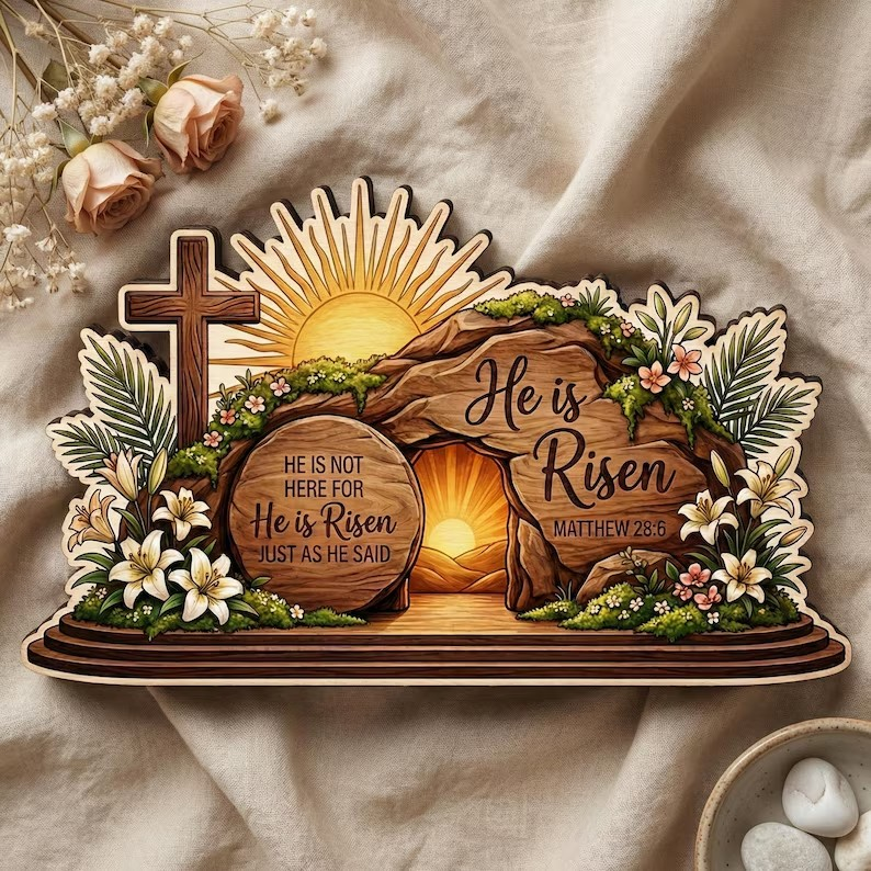 He Is Risen Easter Wood Sign, Empty Tomb Christian Table Decor, Matthew 28:6 Scripture Block, Religious Shelf Gift