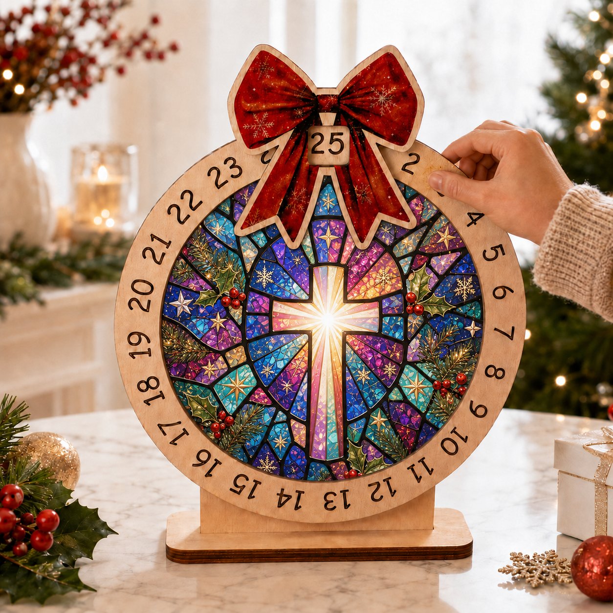 Wooden Cross Advent Calendar, Jesus Cross Christmas Wooden Sign, Custom Tabletop Religious Gift, Spinning Wheel Christmas Countdown Decor, Religious Christian Christmas Gift XMASW13
