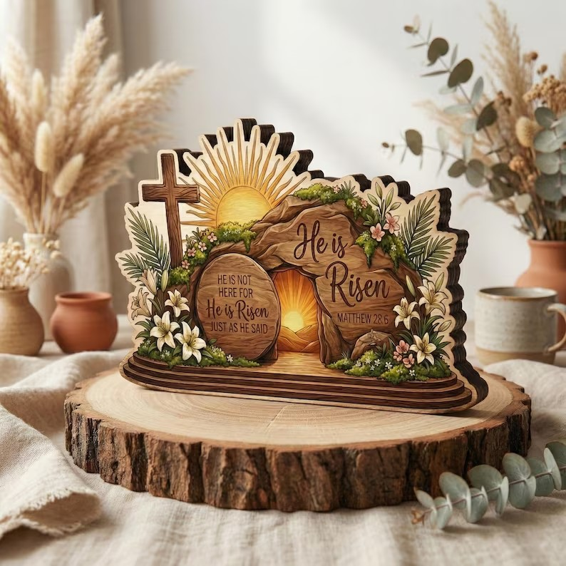He Is Risen Easter Wood Sign, Empty Tomb Christian Table Decor, Matthew 28:6 Scripture Block, Religious Shelf Gift
