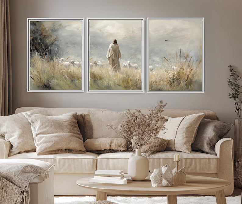 The Good Shepherd Wall Art Set of 3, Jesus Christ with Sheep Oil Painting, Psalm 23 Christian Home Decor, Modern Farmhouse Religious Print PTLAF007