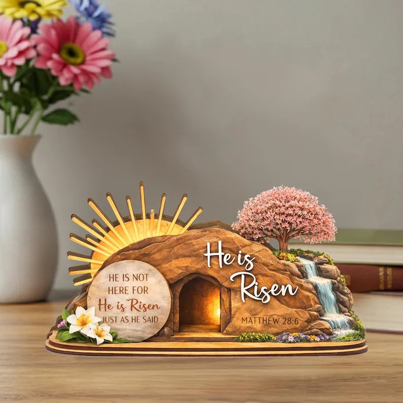 He Is Risen Easter Wooden Sign, Christian Resurrection Decor, Empty Tomb Cross Shelf Art, Religious Farmhouse Home Gift
