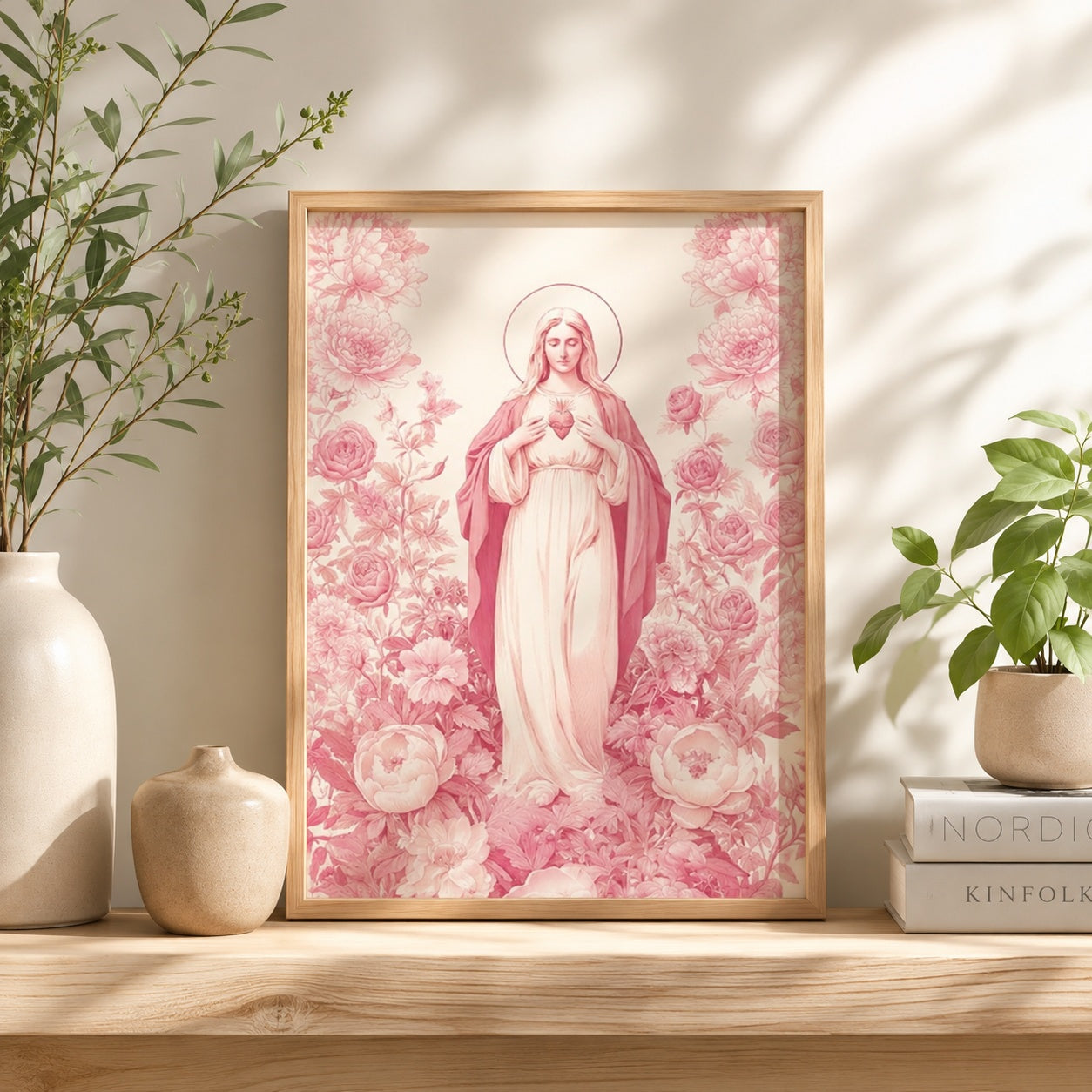 Pink Sacred Heart of Mary Poster, Our Lady Floral Print, Christian Poster, Christian Religious Artwork for Prayer Room and Living Room PTSETA16