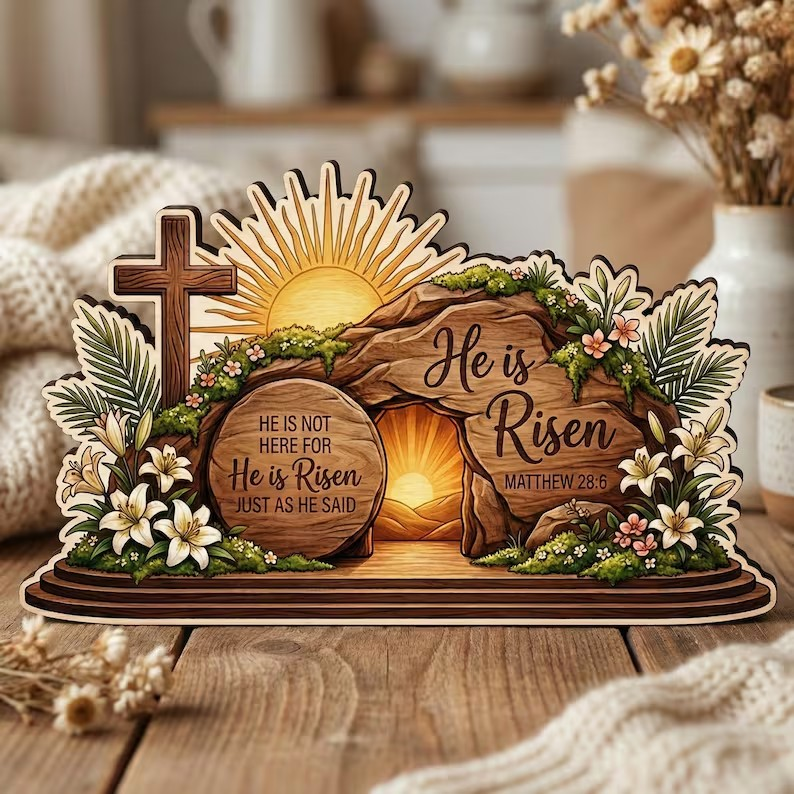 He Is Risen Easter Wood Sign, Empty Tomb Christian Table Decor, Matthew 28:6 Scripture Block, Religious Shelf Gift