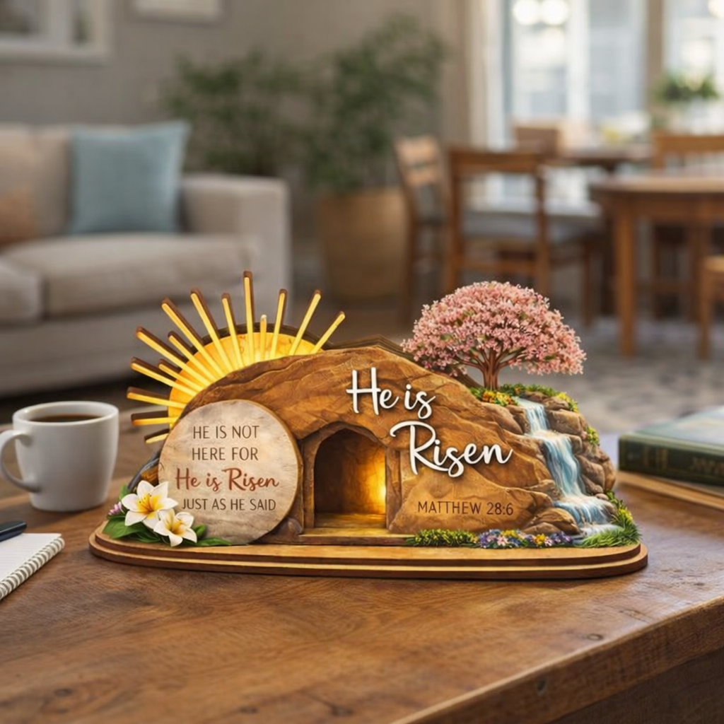He Is Risen Easter Wooden Sign, Christian Resurrection Decor, Empty Tomb Cross Shelf Art, Religious Farmhouse Home Gift