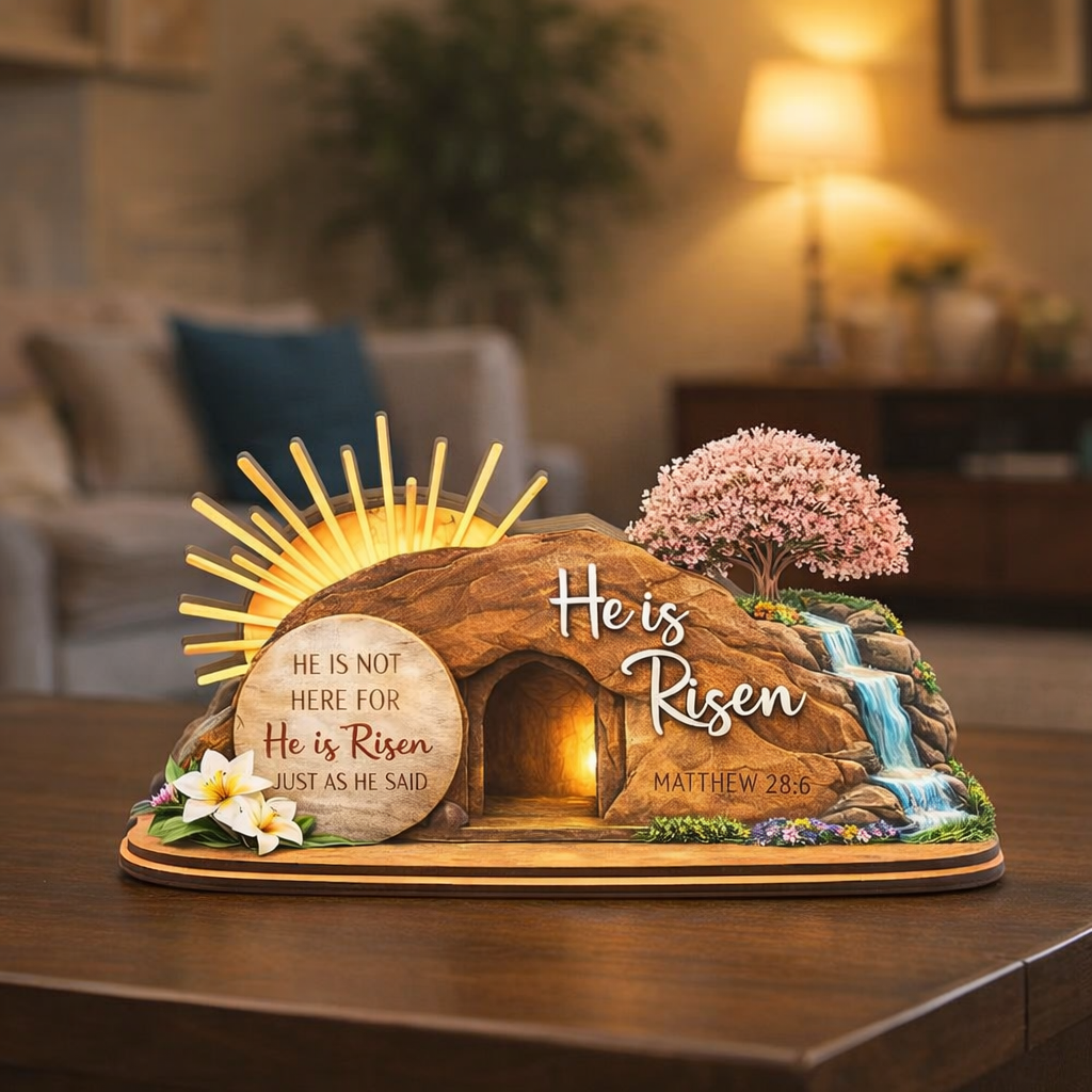 He Is Risen Easter Wooden Sign, Christian Resurrection Decor, Empty Tomb Cross Shelf Art, Religious Farmhouse Home Gift