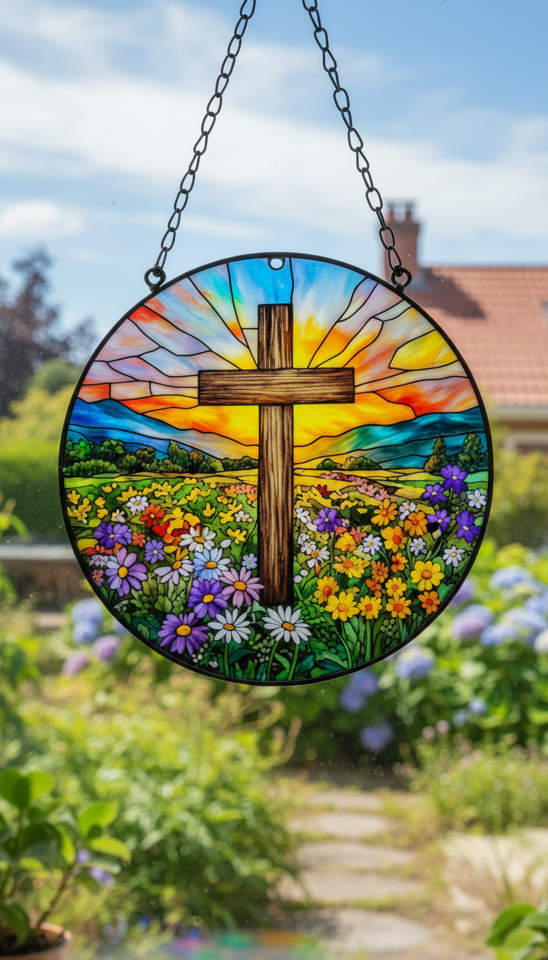 Cross Stained Glass Suncatcher, Christian Window Hanging, Floral Cross Sun Catcher, Religious Home Decor, Faith Gift, Easter Window Decor SCLAF26
