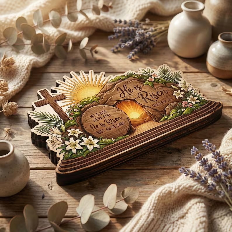 He Is Risen Easter Wood Sign, Empty Tomb Christian Table Decor, Matthew 28:6 Scripture Block, Religious Shelf Gift