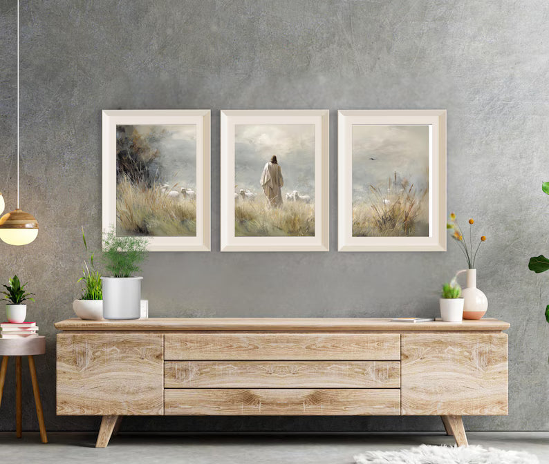 The Good Shepherd Wall Art Set of 3, Jesus Christ with Sheep Oil Painting, Psalm 23 Christian Home Decor, Modern Farmhouse Religious Print PTLAF007