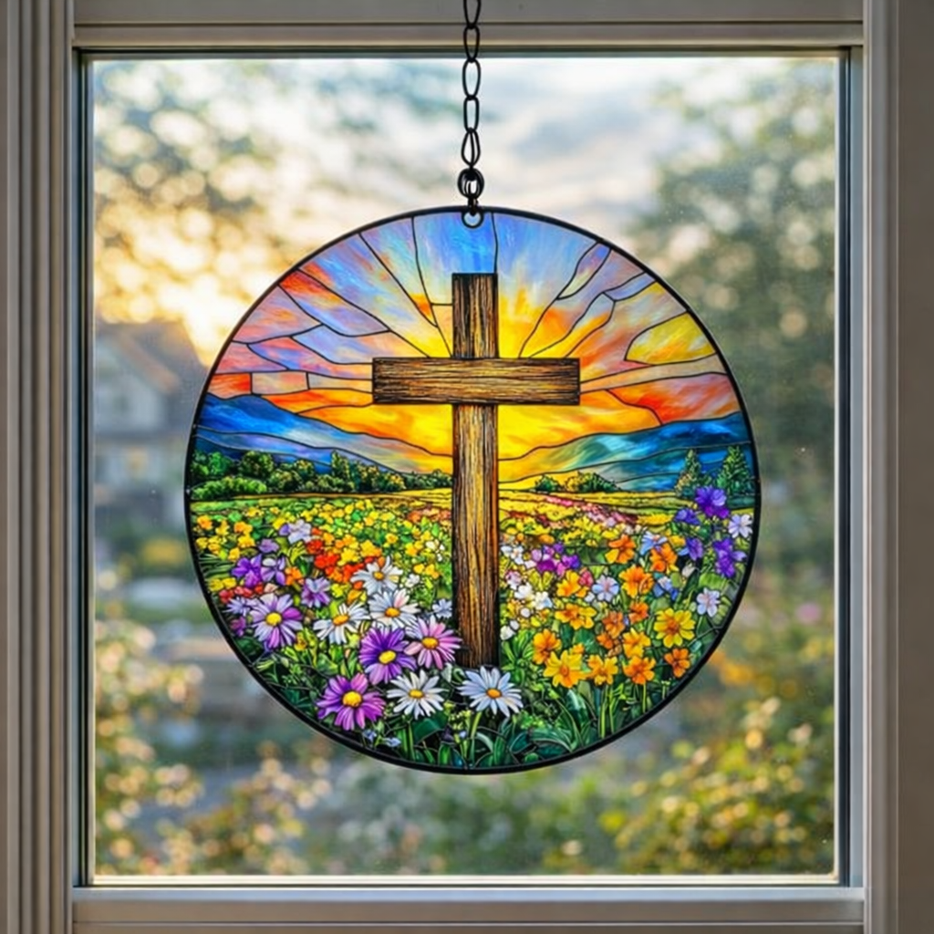 Cross Stained Glass Suncatcher, Christian Window Hanging, Floral Cross Sun Catcher, Religious Home Decor, Faith Gift, Easter Window Decor SCLAF26