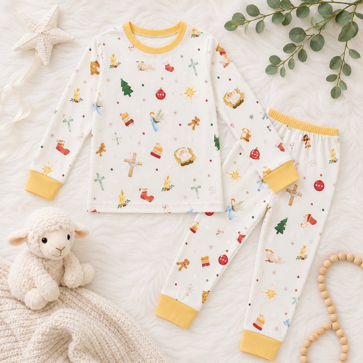 Minimalist Nativity Bamboo Baby Kids Pajamas Set, Christian Christmas PJs, Neutral Holy Family Toddler Holiday Sleepwear BBPJSS15