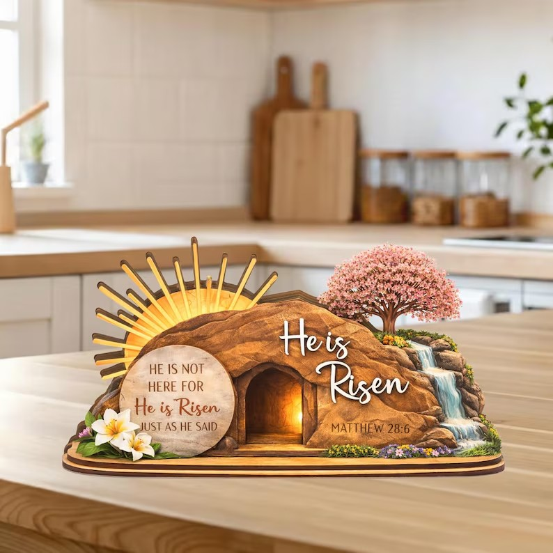 He Is Risen Easter Wooden Sign, Christian Resurrection Decor, Empty Tomb Cross Shelf Art, Religious Farmhouse Home Gift