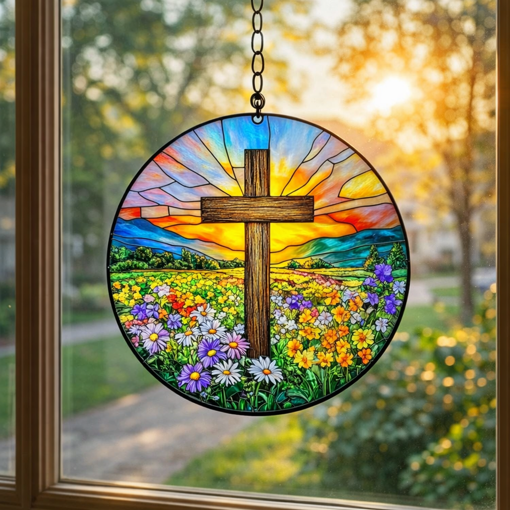 Cross Stained Glass Suncatcher, Christian Window Hanging, Floral Cross Sun Catcher, Religious Home Decor, Faith Gift, Easter Window Decor SCLAF26