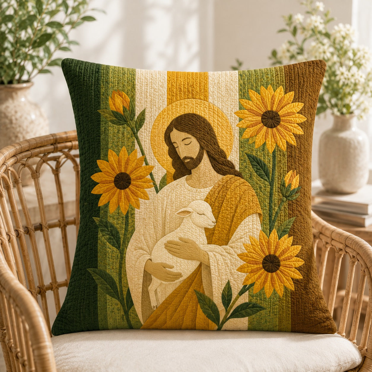 Jesus Good Shepherd Quilted Pillow Case, Sunflower Christian Pillow Cover, Lamb Religious Decor, Faith Gift for Christian Home QPILLOW16
