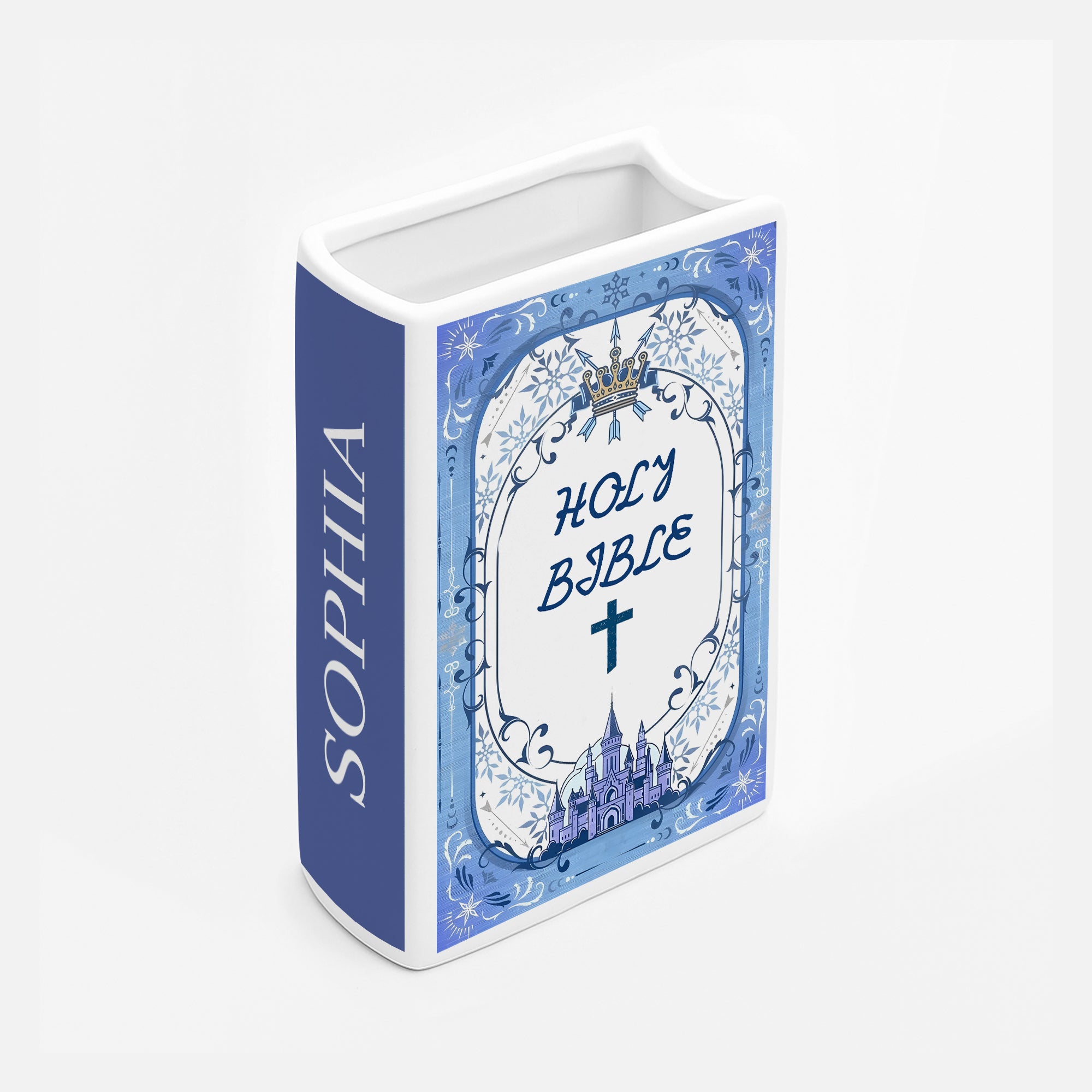 Personalized Holy Bible Book Vase, Blue Ceramic Book with Cross & Scripture, Personalized Christian Gift, Chistmas Gift CBLAF17
