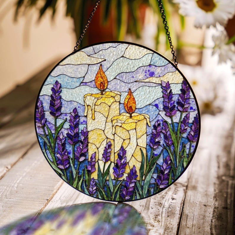 Lavender Candle Stained Glass Suncatcher – Purple Floral Candle Window Hanging, Inspirational Home Decor Gift for Mom GLASS17