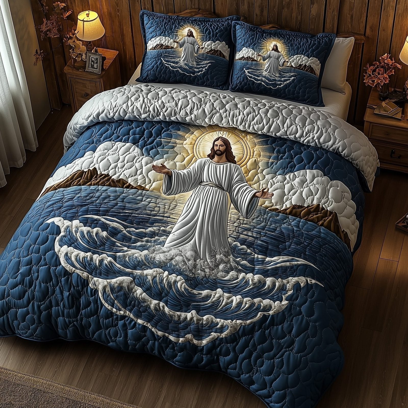 Jesus Walking on the Sea Quilted Bedding Set, Navy Ocean Waves and Golden Halo Print, Personalized Catholic Religious Bedding LAFBED18