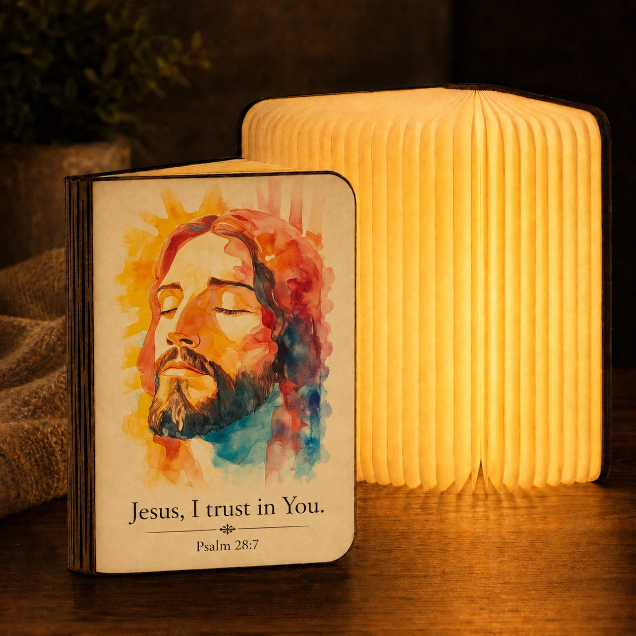 Jesus I Trust in You Book Lamp, Christian Bible Verse Night Light, Psalm 28:7 Religious Decor BLLAF14