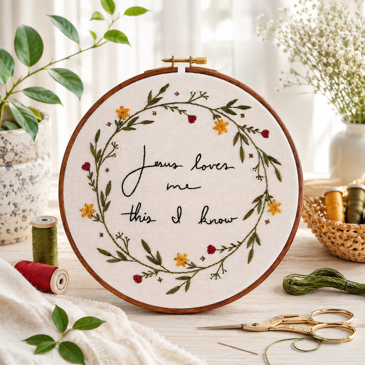 Jesus Loves Me Floral Embroidery Hoop Art, Christian Floral Embroidery Hoop Art, Wall Decor, Hand Embroidered Flower Wreath, Wheatear Embroidery Hoop EH05