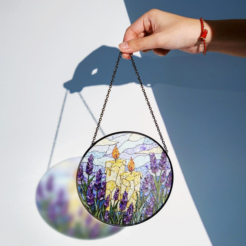 Lavender Candle Stained Glass Suncatcher – Purple Floral Candle Window Hanging, Inspirational Home Decor Gift for Mom GLASS17